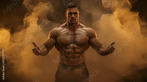 A muscular athlete stands confidently in a cloud of smoke, showcasing a beautifully sculpted, powerful physique that reflects strength, dedication, and the intense discipline of physical training