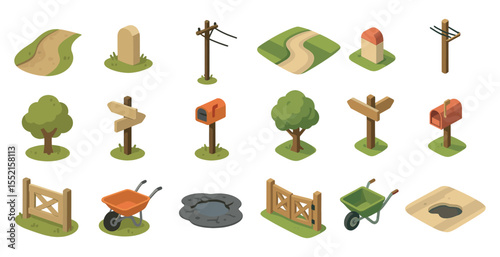 Nature and landscape icons set – isometric, outdoor, garden and environment symbols
