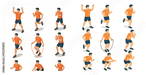 Fitness and exercise icons set – isometric, workout, gym and athletic symbols