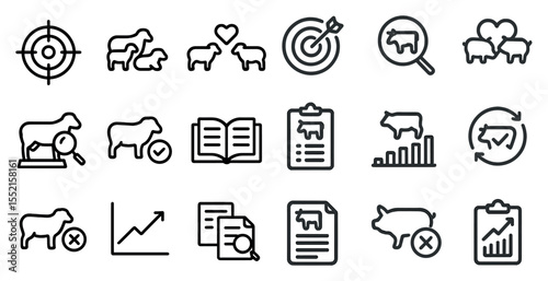 Farm animal linear icons set – outline, silhouette, livestock and agriculture symbols