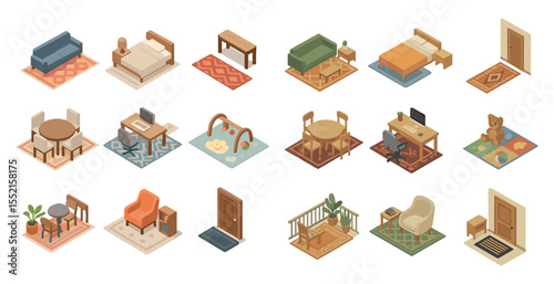Home and furniture icons set – isometric, interior, decor planning symbols