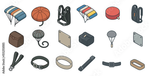 Parachute and adventure icons set – isometric style, outdoor and skydiving symbols