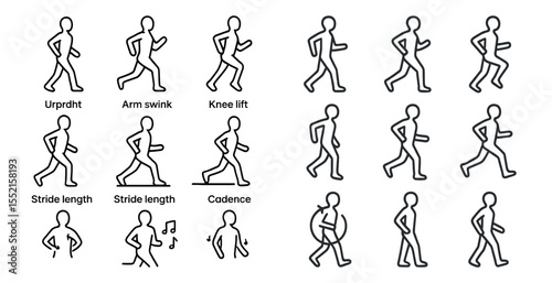 Walking and fitness outline icons set – linear, exercise and activity symbols