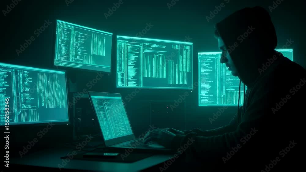 Silhouette of a man in a hooded sweatshirt performing cybercrime hacking on multiple computer screens with glowing code, footage.