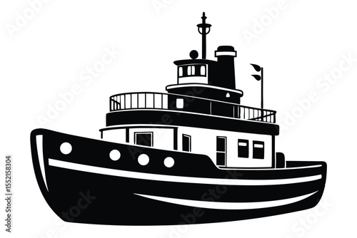 Monochrome Silhouette of a Cartoon Tugboat Featuring Detailed Structure and Design Elements