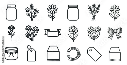 Floral and gardening outline icons set – line, silhouette, plant and flower symbols