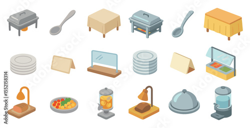 Catering and buffet isometric icons set – food service, restaurant, dining symbols