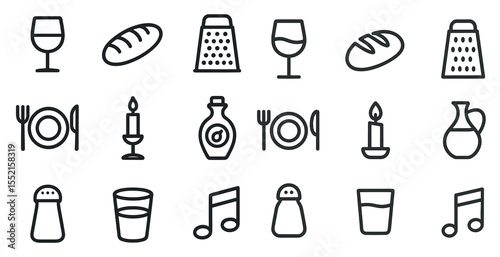 Culinary and dining outline icons set – line, kitchen, food and beverage symbols