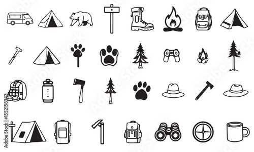 Vector set of camping and outdoor adventure icons. Includes tents, campfire, bear, axe, binoculars, signposts and more. Perfect for t-shirt designs, stickers, travel gear.