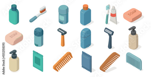 Personal care isometric icons set – hygiene, grooming, toiletries symbols