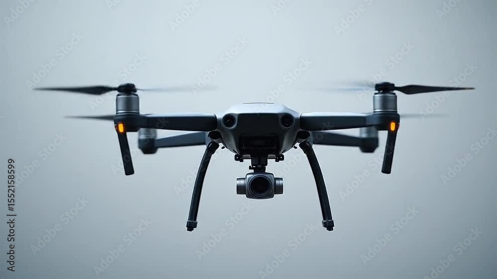 Hovering drone framed with negative space on neutral matte background