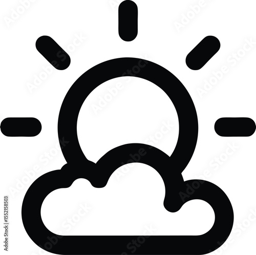 Black and white outline illustration of sun behind cloud. Graphic weather icon