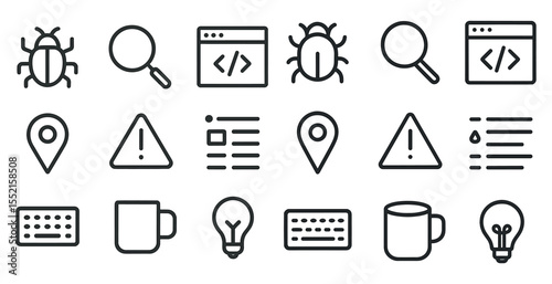 Web development outline icons set – linear, coding and programming symbols