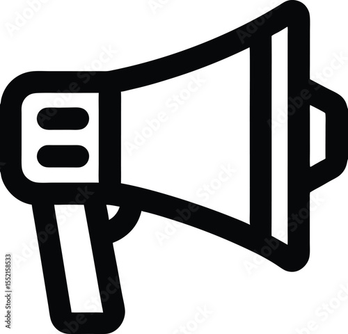 Black line art illustration of a megaphone, communication device concept