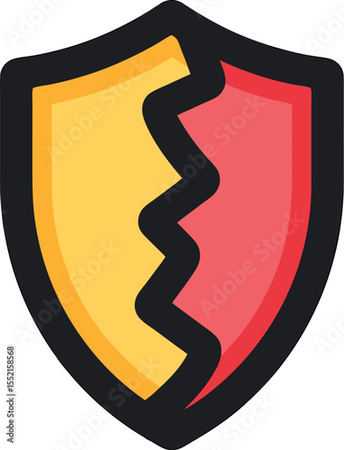 Cartoon illustration of a cracked or broken shield with yellow and red parts