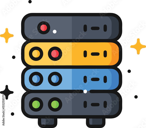 Cartoon illustration of database server stack with colorful panels.