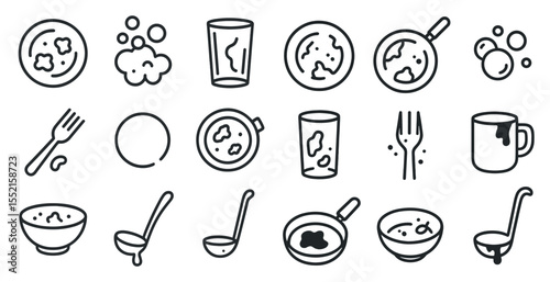 Dishwashing outline icons set – line, cleaning, kitchen essentials symbols