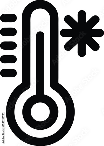 Thermometer and snowflake icon symbolizing cold temperature black and white.