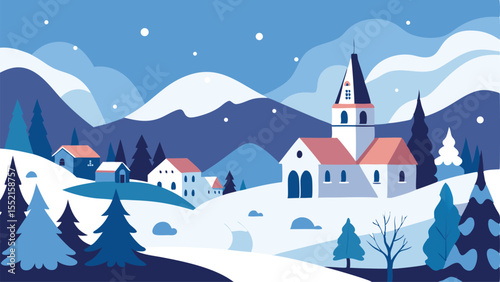 Vector art of a charming snowy village nestled in the mountains, a peaceful winter scene