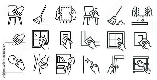 Cleaning and hygiene outline icons set – linear, neat, sanitation symbols