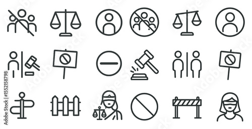 Legal and justice line icons set – court, law, attorney symbols in outline style