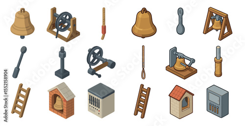 Traditional bell icons set – isometric, classic, historic, ringing symbols