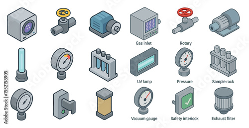 Laboratory equipment isometric icons set – scientific, gas analysis, instrument graphics