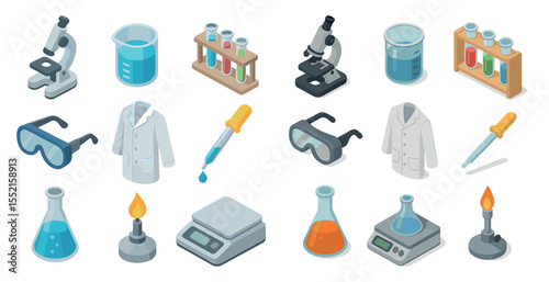 Science and lab equipment isometric icons set – 3d, experiments, research tools