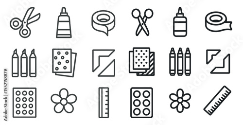 Arts and crafts linear icons set – outline, tools, creative design essentials symbols