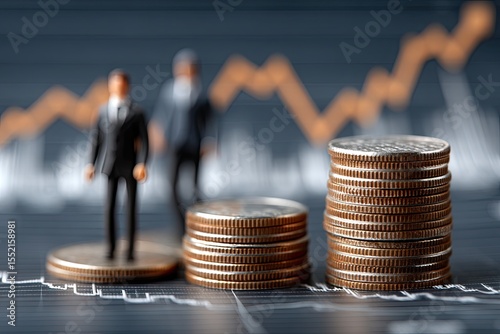 Miniature Businessmen on Coin Stacks with Financial Chart