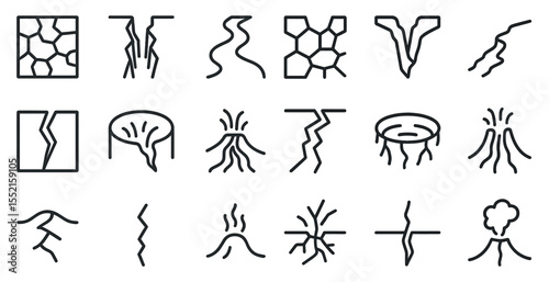 Earthquake and volcano outline icons set – linear, tectonic shift, seismic symbols