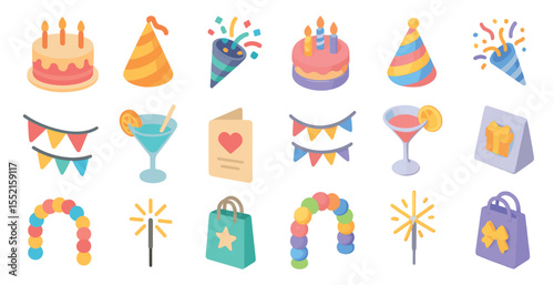 Party and celebration icons set – flat, filled, birthday and festival graphics