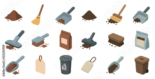 Cleaning and maintenance isometric icons set – sanitation, tools, janitorial symbols