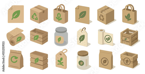 Eco-friendly packaging isometric icons set – green, sustainable, recyclable symbols