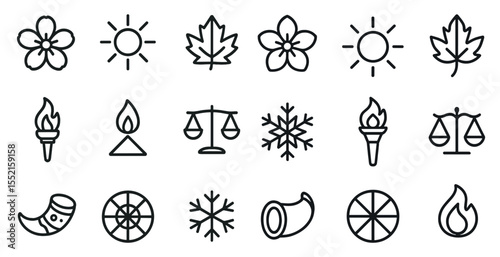 Seasons linear icons set – outline, line, seasonal and weather symbols
