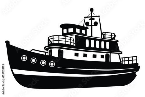 Stylized Black and White Image of a Tugboat with Detailed Features and Mast