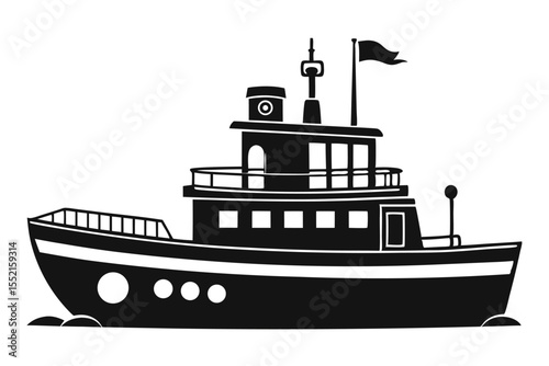 Silhouette Illustration of a Detailed Ferry Boat with Flag on Mast and Ocean Waves