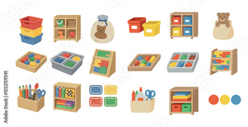 Child learning and play icons set in flat style – education, toys, development