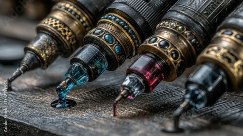 Colorful ink dripping from ornate fountain pens on a rustic wooden surface during a creative writing session