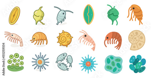 Marine biology flat icons set – ocean, aquatic, sea life symbols for education