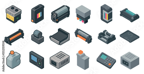 Printer device and tools isometric icons set – 3d, equipment, printing elements