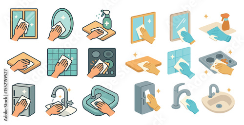 Cleaning and hygiene icons set – isometric, household, sanitation symbols