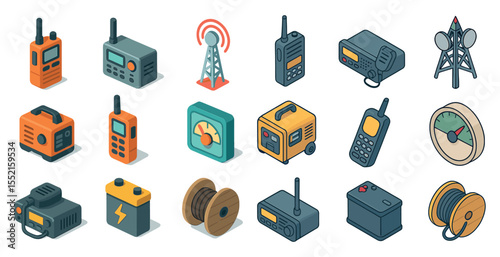 Communication devices isometric icons set – flat, filled, radio and signal graphics