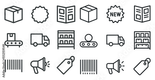 Logistics and packaging line icons set – silhouette, outline, shipping and warehouse symbols