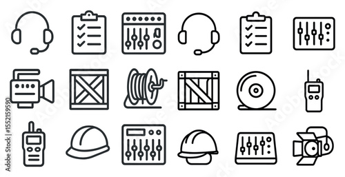 Media and production line icons set – silhouette, outline, equipment and tool symbols