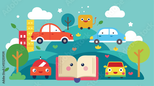 Vector art of cute cartoon cars and a smiling book are illustrated in a whimsical childrens scene