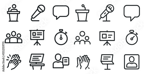 Conference and presentation icons set – outline, linear, meeting and seminar symbols