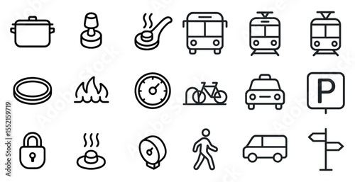 Transportation and travel icons set – outline, linear, transit and commuting symbols