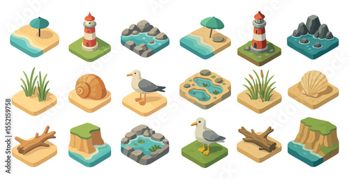 Coastal and beach isometric icons set – summer, seaside, marine elements