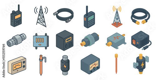 Industrial communication isometric icons set – equipment, technology, signal